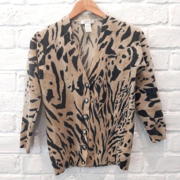 Lambswool Angora Cardigan Sweater Womens Small Brown Tiger Animal Print V Neck, - Picture 1 of 10